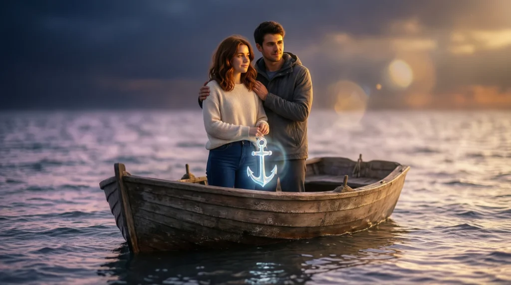 Illustration of two best friends on a boat with an anchor keeping them steady, symbolizing support and stability in friendship.