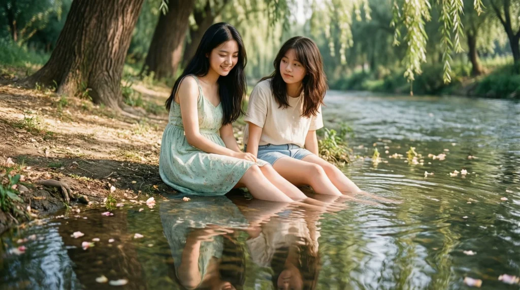 Two best friends sitting by a flowing river, their reflections merging with the water, symbolizing the natural and supportive flow of friendship.