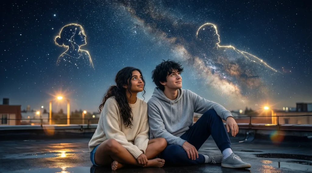 Two best friends sitting on a rooftop at night, looking at a sky full of stars, symbolizing guidance and inspiration in friendship.