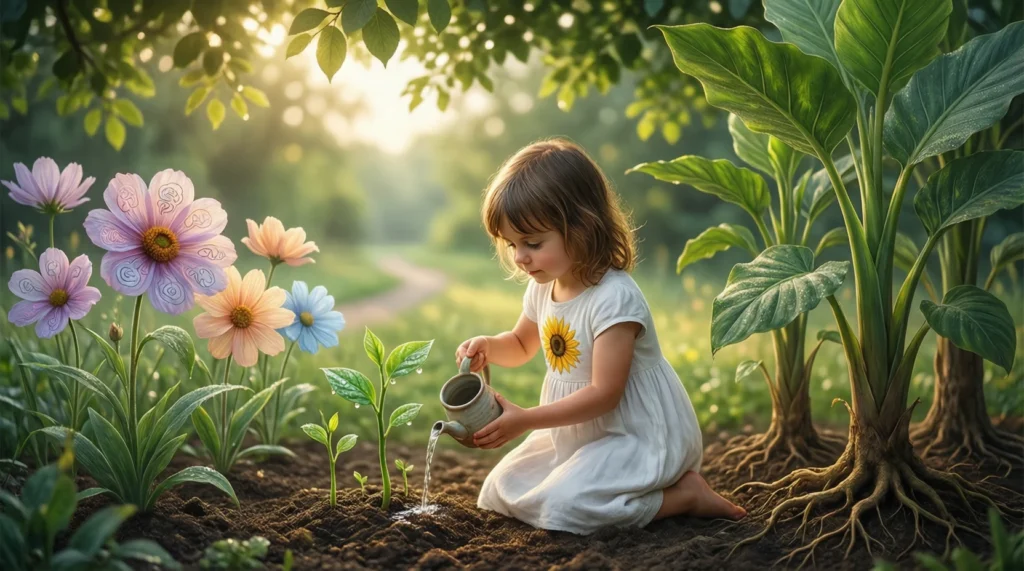 A symbolic illustration showing child development as a growing garden, where plants at different stages represent learning, emotional growth, and care over time.