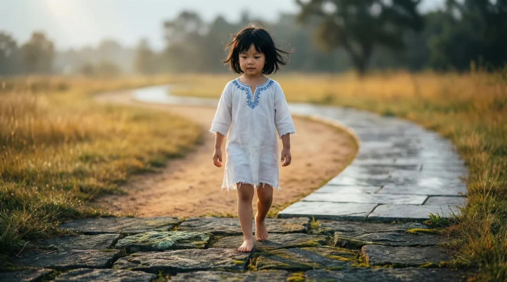 A metaphorical image showing child development as a child learning to walk along a changing path, symbolizing growth, learning, and gradual progress.