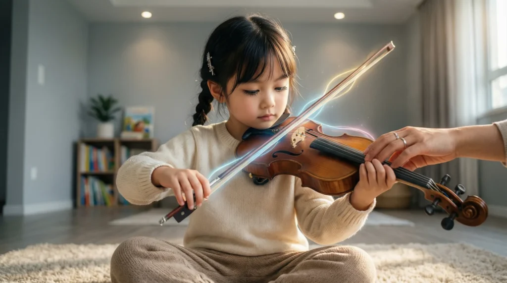 A metaphorical illustration showing child development as tuning a musical instrument, symbolizing patience, guidance, and gradual learning.