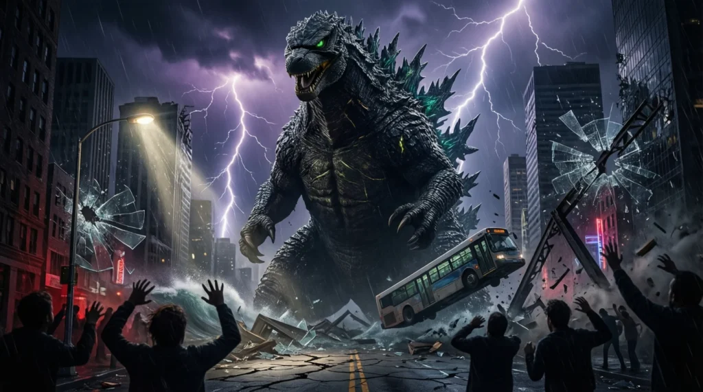 Godzilla looming over a city at night with lightning, people watching anxiously, symbolizing fear of retaliation and unstoppable consequences.