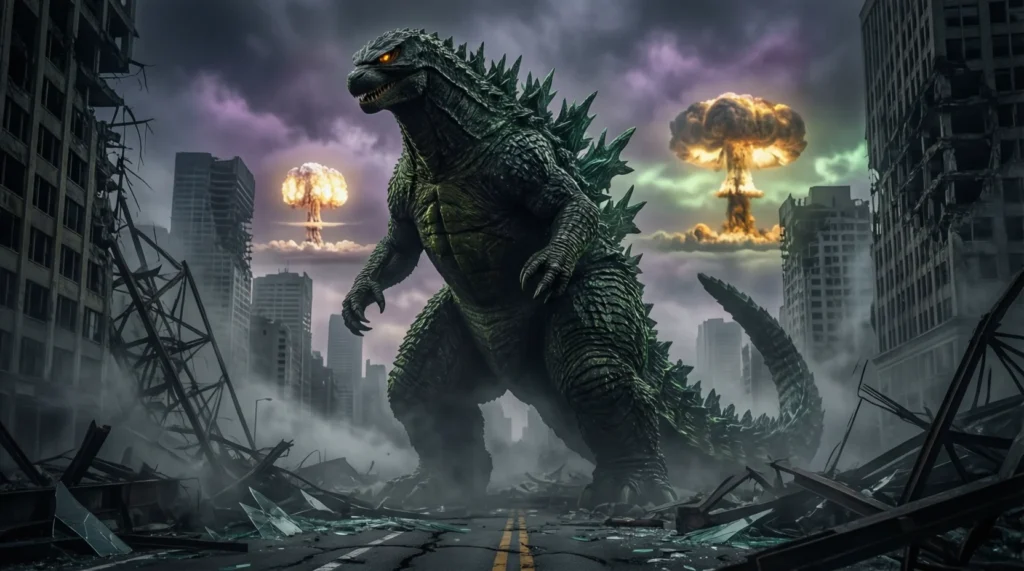 Godzilla standing over a destroyed city with shadows forming a faint nuclear mushroom cloud, symbolizing nuclear threat and destruction.