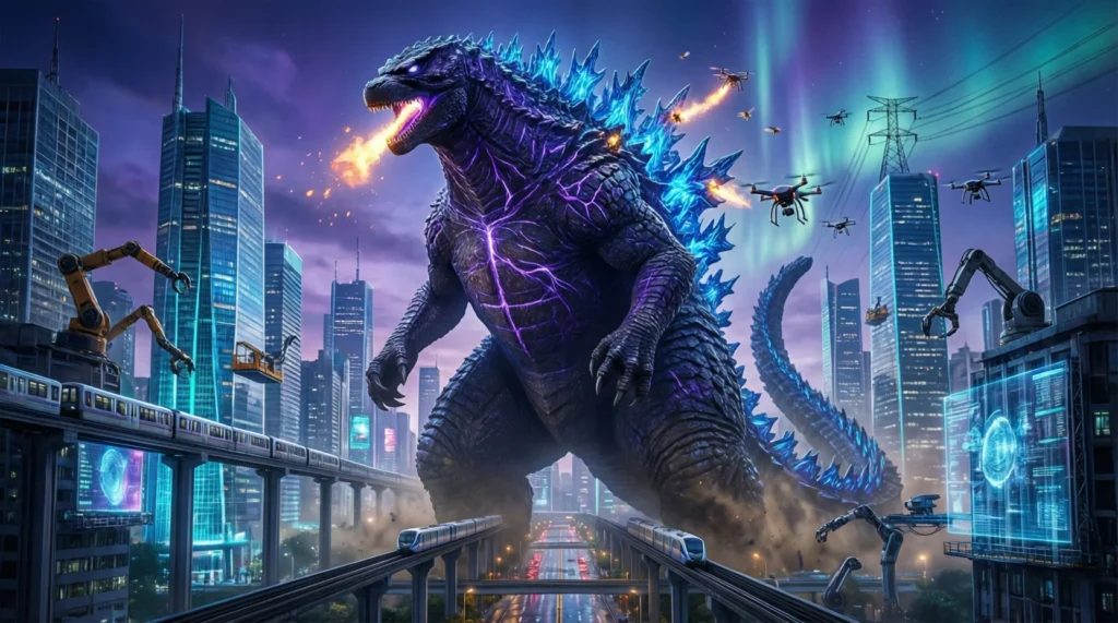 Godzilla towering over a futuristic city with glowing skyscrapers and drones, symbolizing technological dominance and power.