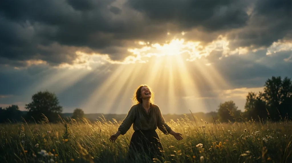 Laughter represented as warm sunshine breaking through dark clouds, symbolizing hope, joy, and emotional relief.