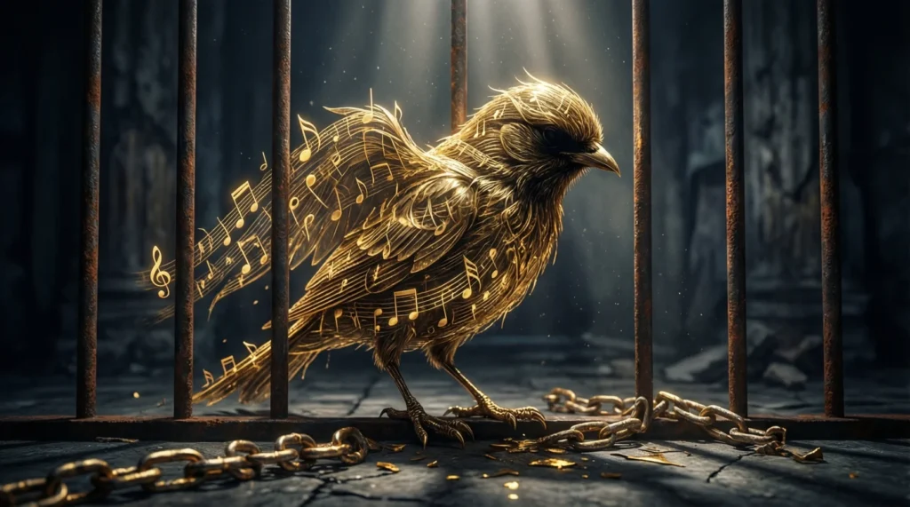 A symbolic song trapped behind iron bars representing suppressed voice and unexpressed emotions
