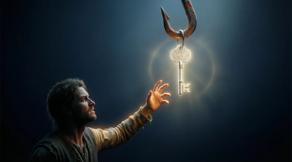 Freedom hanging like bait symbolizing false hope and unreachable liberation