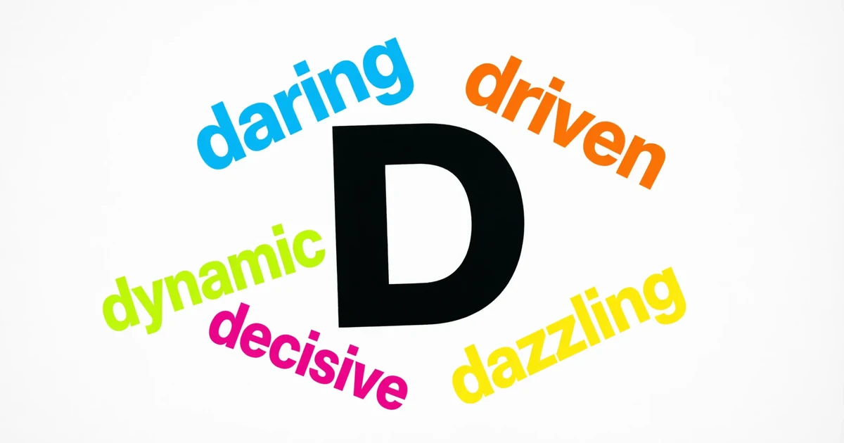 Dynamic adjectives for D list infographic featuring positive and powerful D words like daring, driven, dynamic and decisive.
