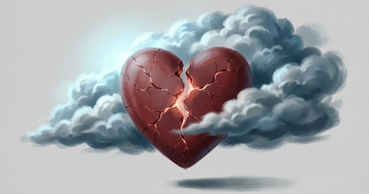Visual representation of metaphors for emotional pain showing a cracked heart under storm clouds.