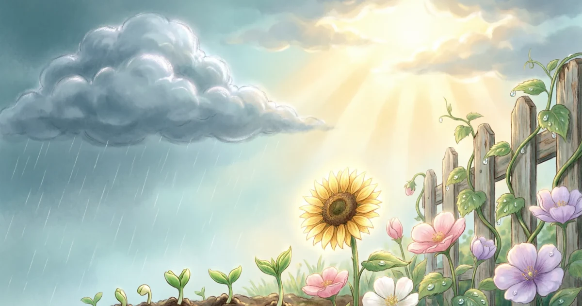 metaphor illustration of emotional healing with storm clearing and sunlight over a peaceful garden