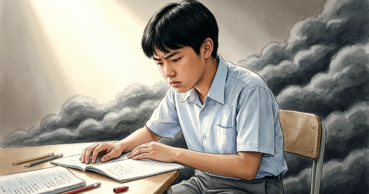 illustration showing metaphors for self-doubt with clouds and shadows around a thinking student