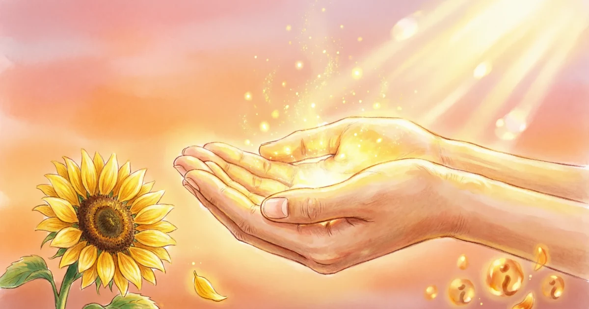 Visual illustration representing metaphors for gratitude with sunshine and helping hands