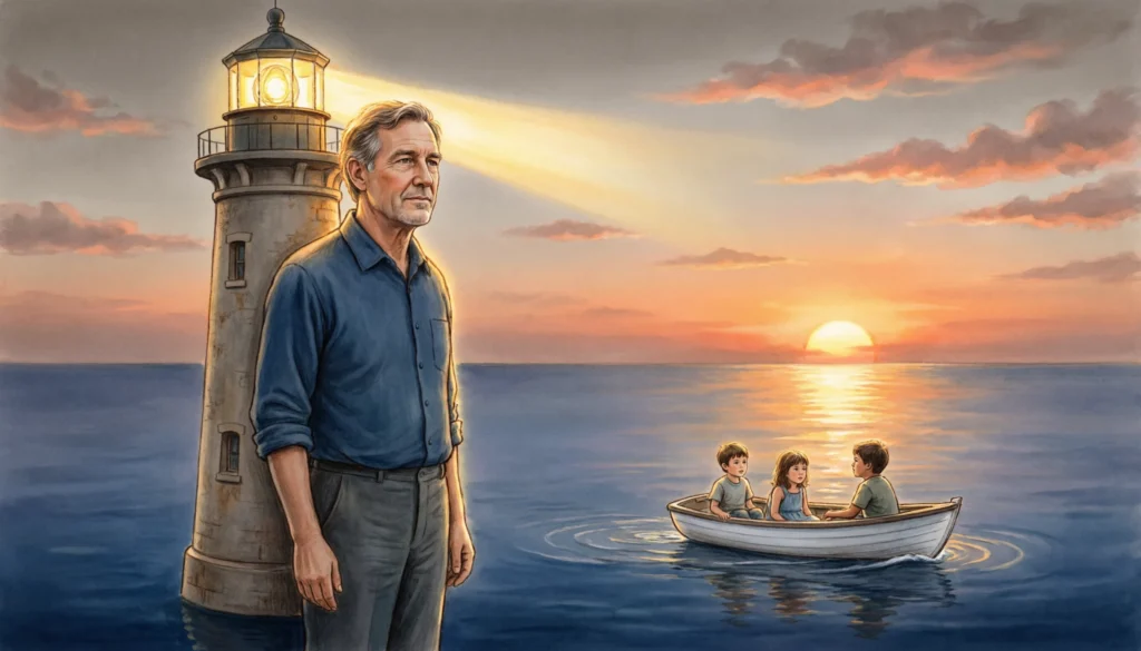 illustration representing metaphors for fatherhood showing a father as a lighthouse guiding his children