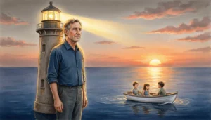 illustration representing metaphors for fatherhood showing a father as a lighthouse guiding his children