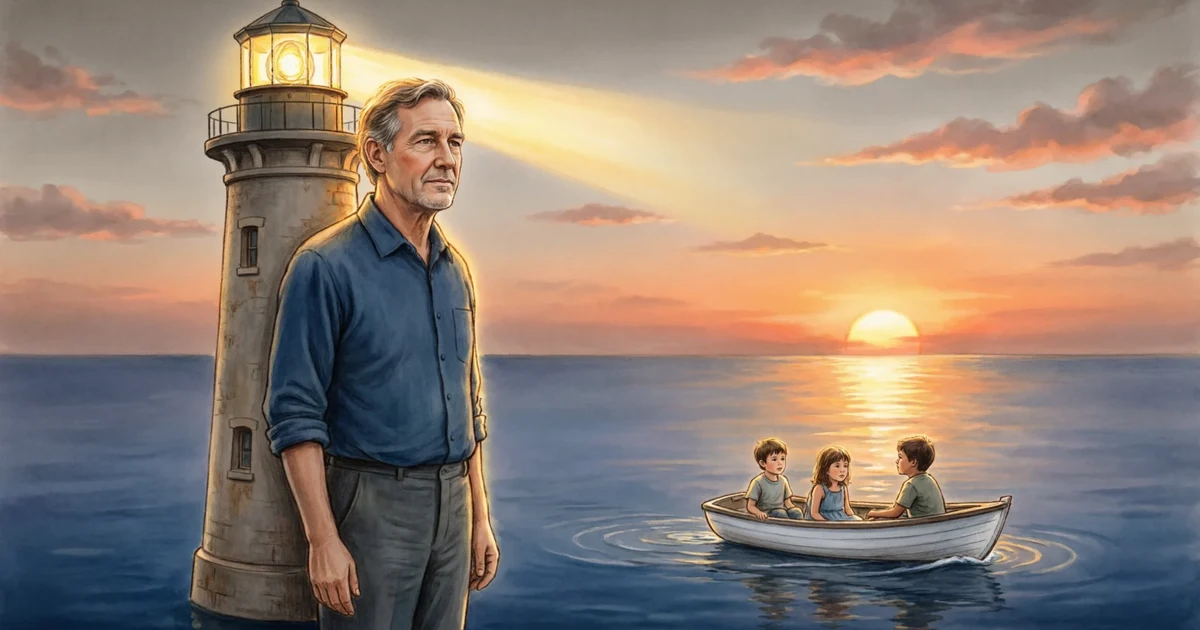 illustration representing metaphors for fatherhood showing a father as a lighthouse guiding his children