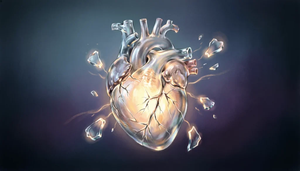 Illustration representing metaphors for heartbreak with a cracked glowing heart symbolizing emotional pain.
