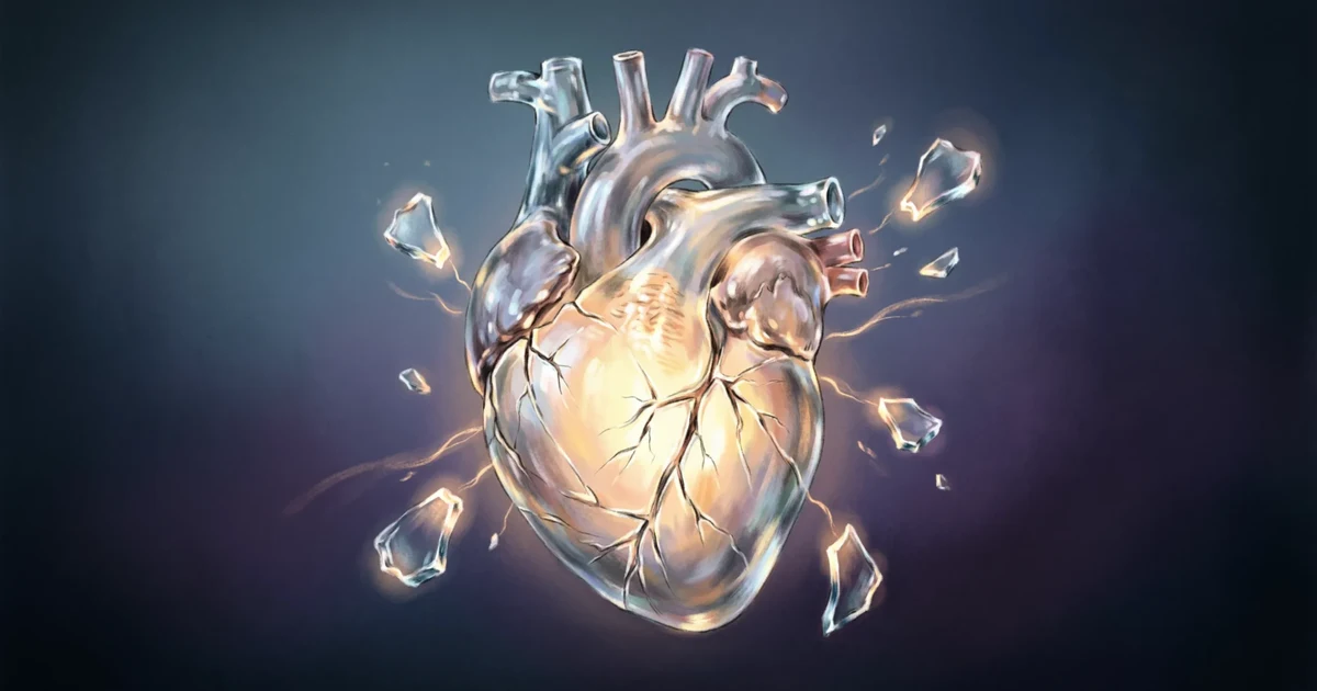 Illustration representing metaphors for heartbreak with a cracked glowing heart symbolizing emotional pain.
