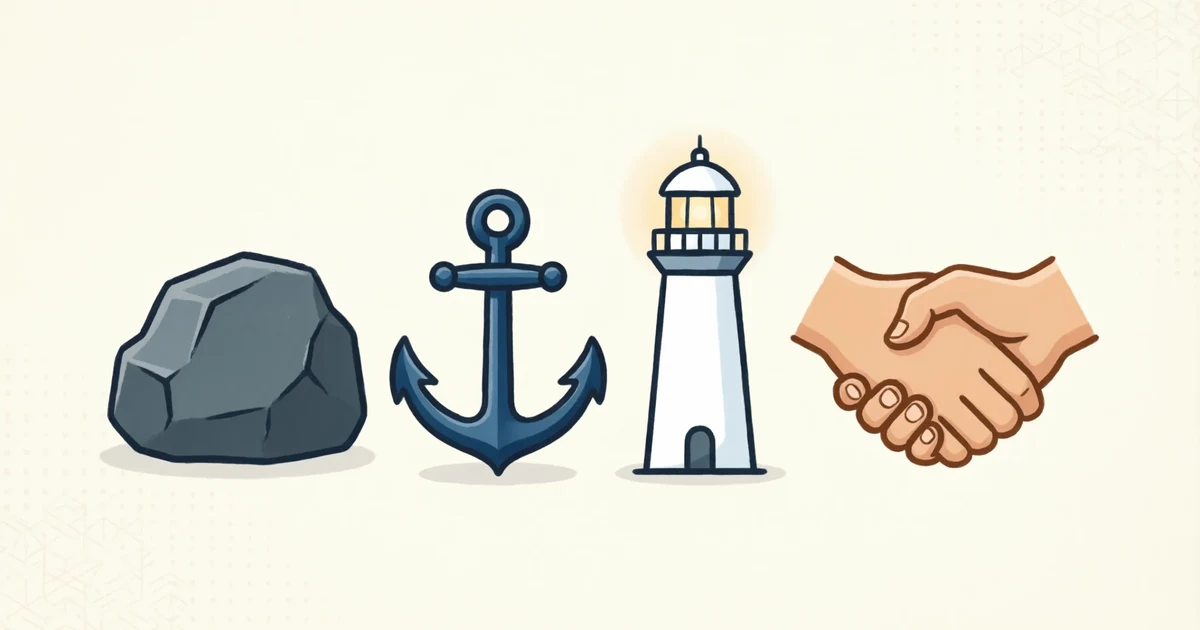 visual metaphors representing loyalty including rock anchor lighthouse pillar and shield
