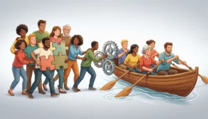 Creative illustration representing metaphors for teamwork with people as puzzle pieces and gears working together