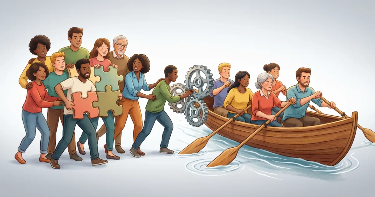 Creative illustration representing metaphors for teamwork with people as puzzle pieces and gears working together