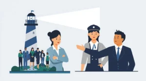 Metaphors for leadership showing lighthouse, captain, and gardener guiding a team