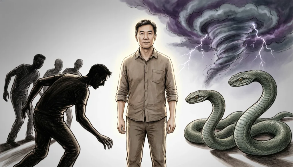 metaphors for enemies illustrated as snake shadow and storm