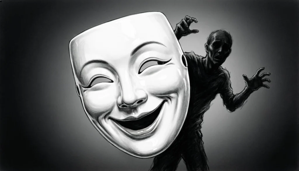 metaphorical illustration of fake friends with masks and hidden true identity