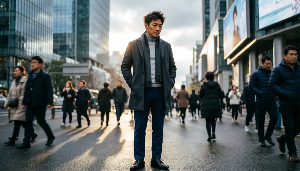 Person feeling lonely while surrounded by a busy crowd in a city