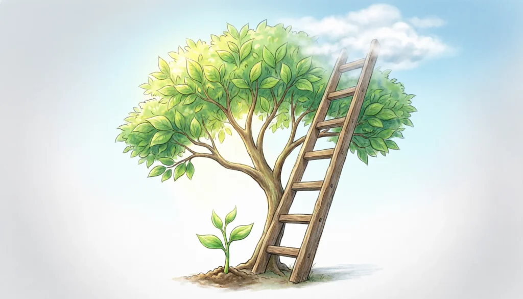 visual metaphor of growth showing plant turning into tree and ladder reaching upward