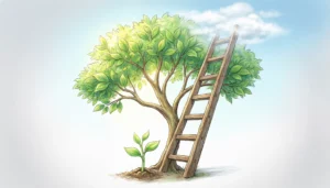 visual metaphor of growth showing plant turning into tree and ladder reaching upward