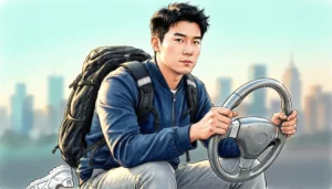 visual metaphor showing responsibility as a heavy backpack and steering wheel