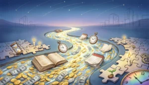 Metaphors for time management illustrated with clock, river, money, and puzzle concepts