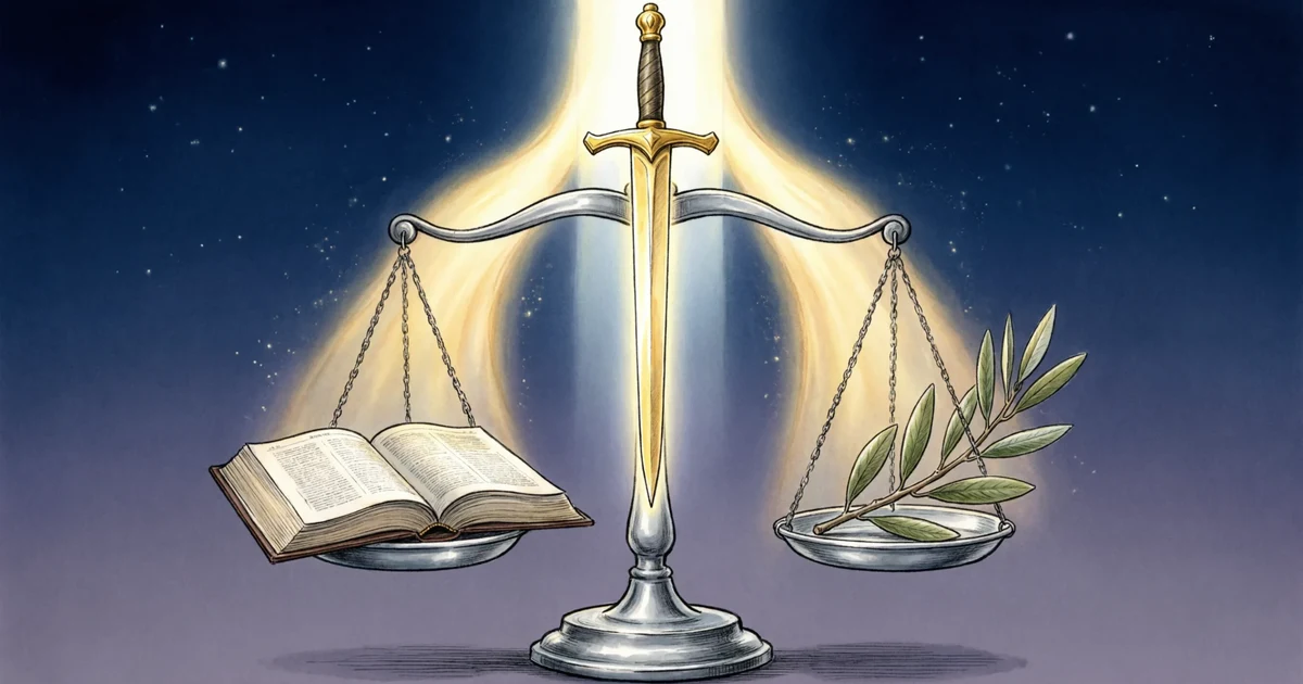 Visual symbols of justice including scales, sword, and light representing fairness and balance