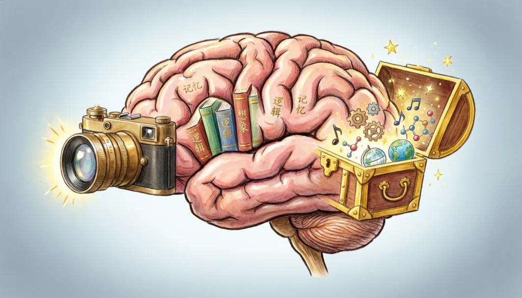 metaphors for memory visual showing brain as library camera and treasure chest