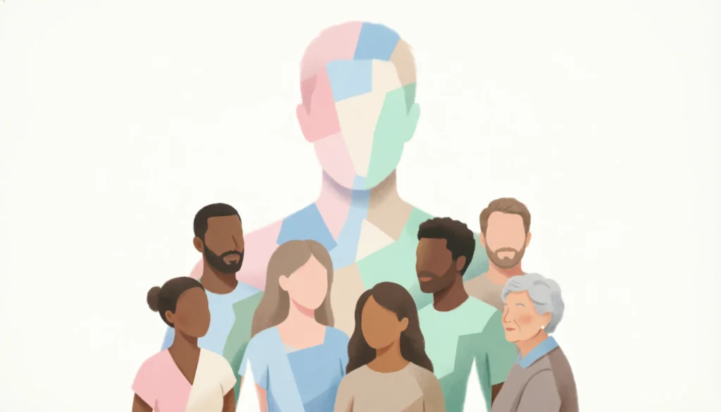 Visual metaphor showing identity as a mosaic made of diverse human elements