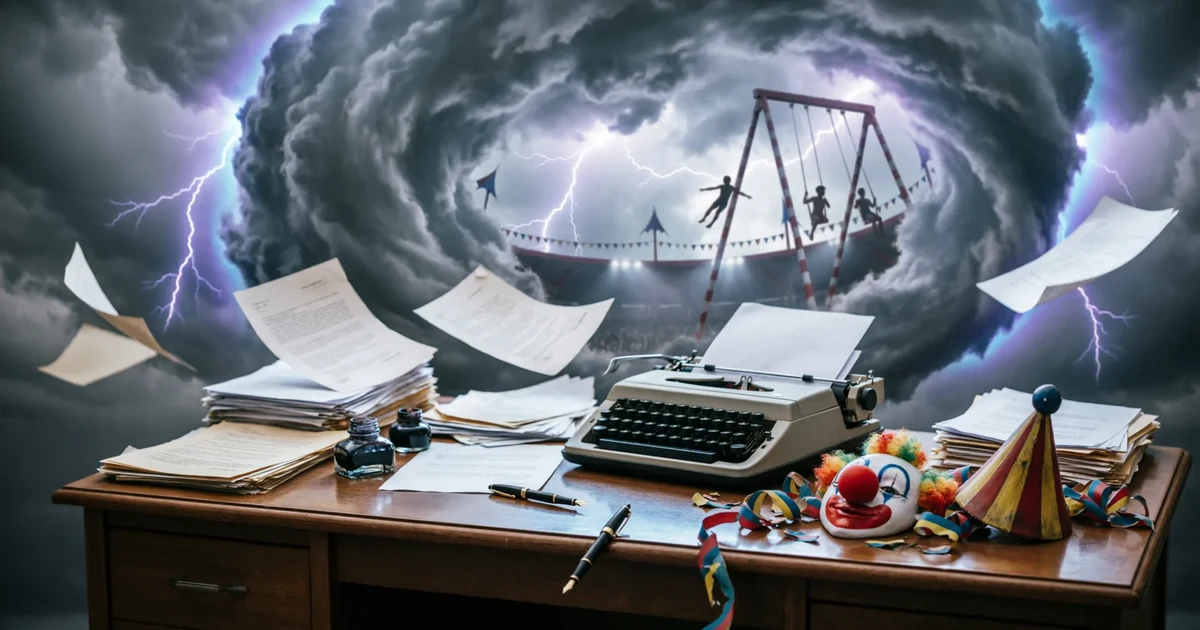 Visual representation of metaphors for chaos including storm, circus, and disorder scenes