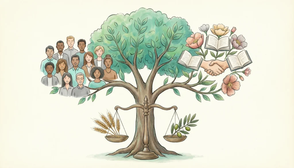 Visual metaphors representing democracy as teamwork, balance, and growth