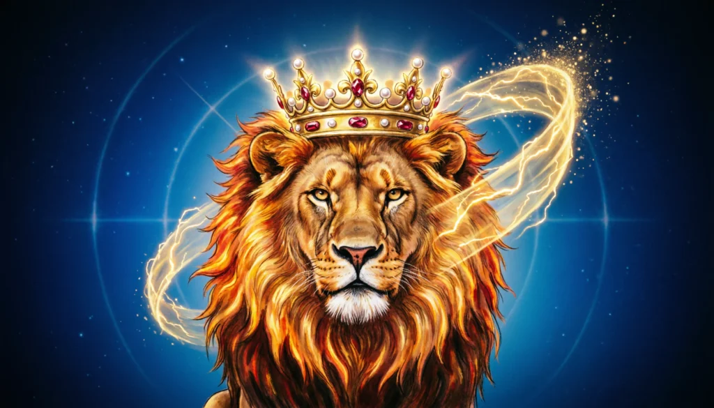 visual symbols representing metaphors for power including lion crown and energy