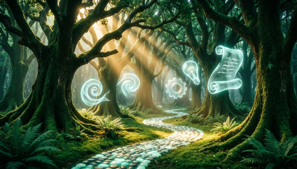 Illustration of forest metaphors showing trees as ideas, maze paths, and symbolic imagery