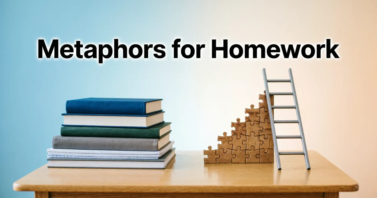 Metaphors for homework illustrated with books as a mountain and puzzle for learning concepts