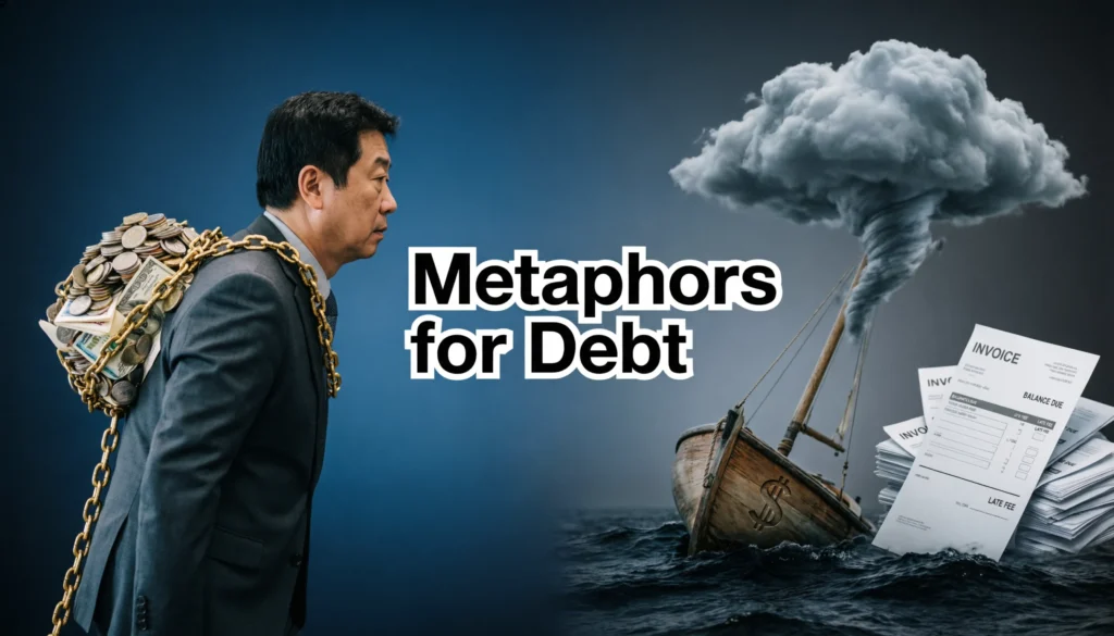 Metaphors for debt examples showing burden, stress, and financial struggle visualized creatively