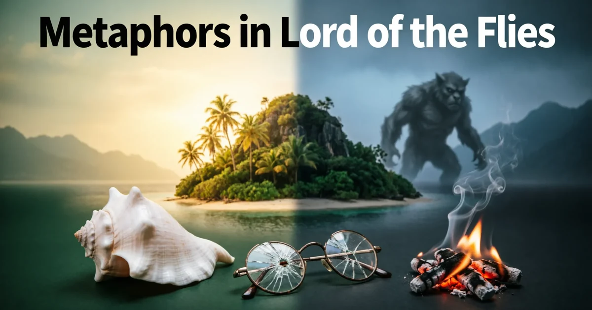 Metaphors in Lord of the Flies shown through a conch, fire, glasses, island, and beast symbolism.