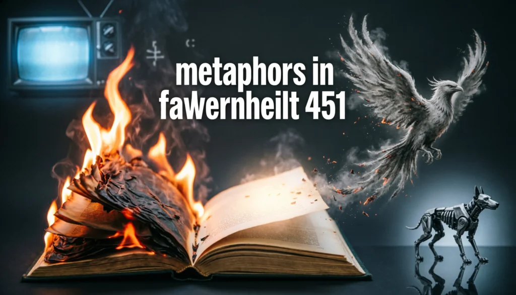 Metaphors in Fahrenheit 451 shown through fire, books, screens, and rebirth symbolism.