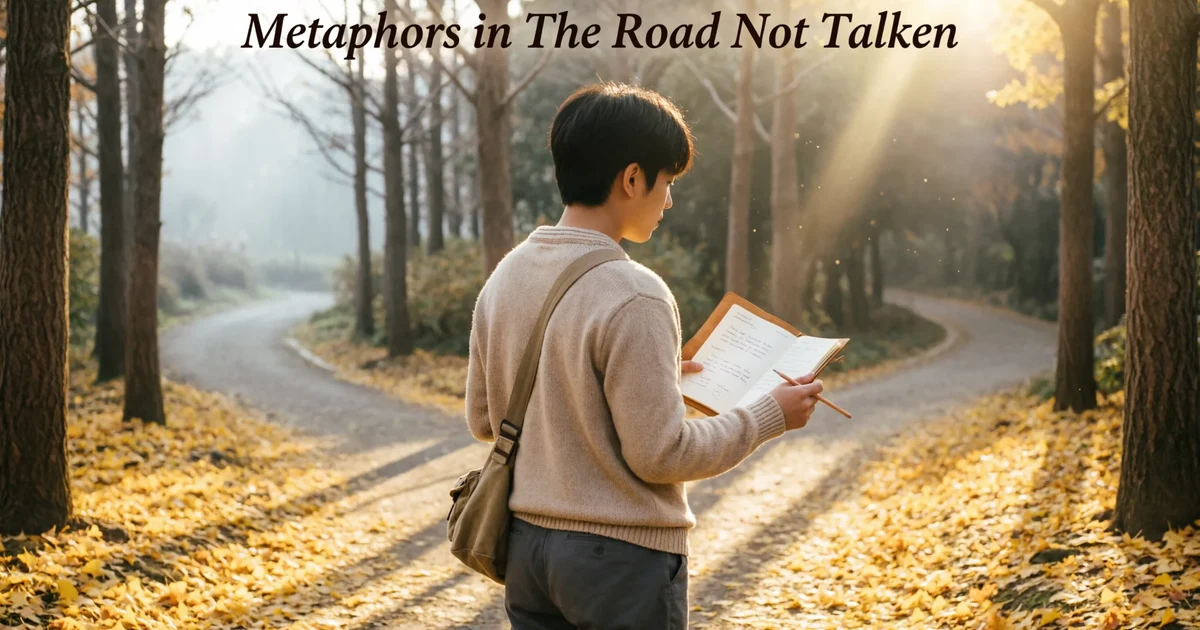 Metaphors in the road not taken shown through two diverging autumn paths symbolizing life choices.
