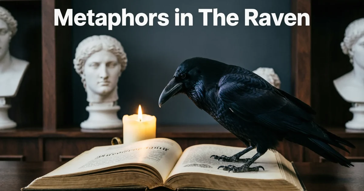metaphors in the raven explained with raven, book, bust, and dark literary symbolism.