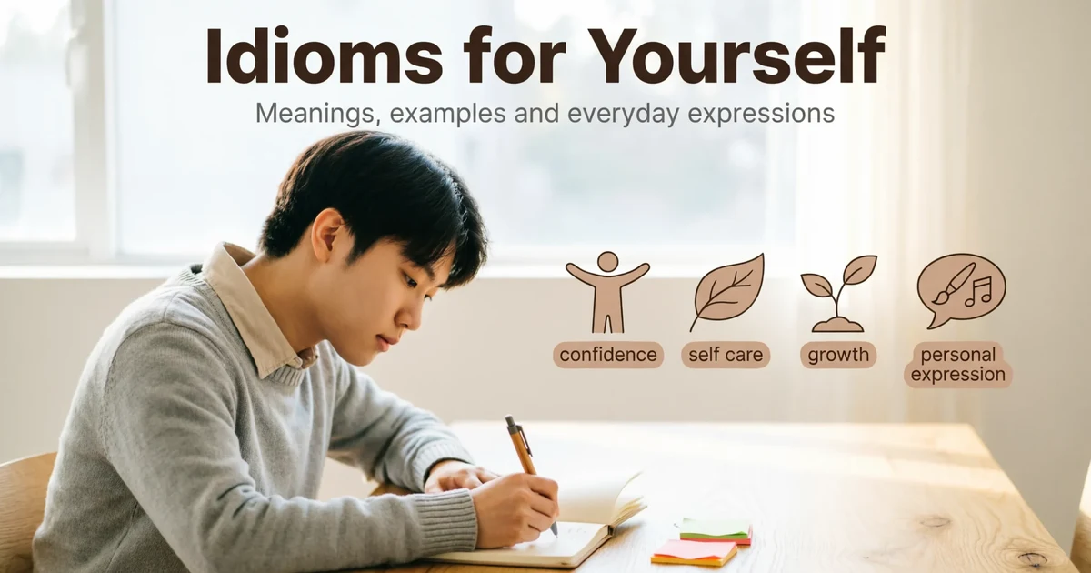 Idioms for yourself guide with notebook, confidence icons, and examples for students and ESL learners.