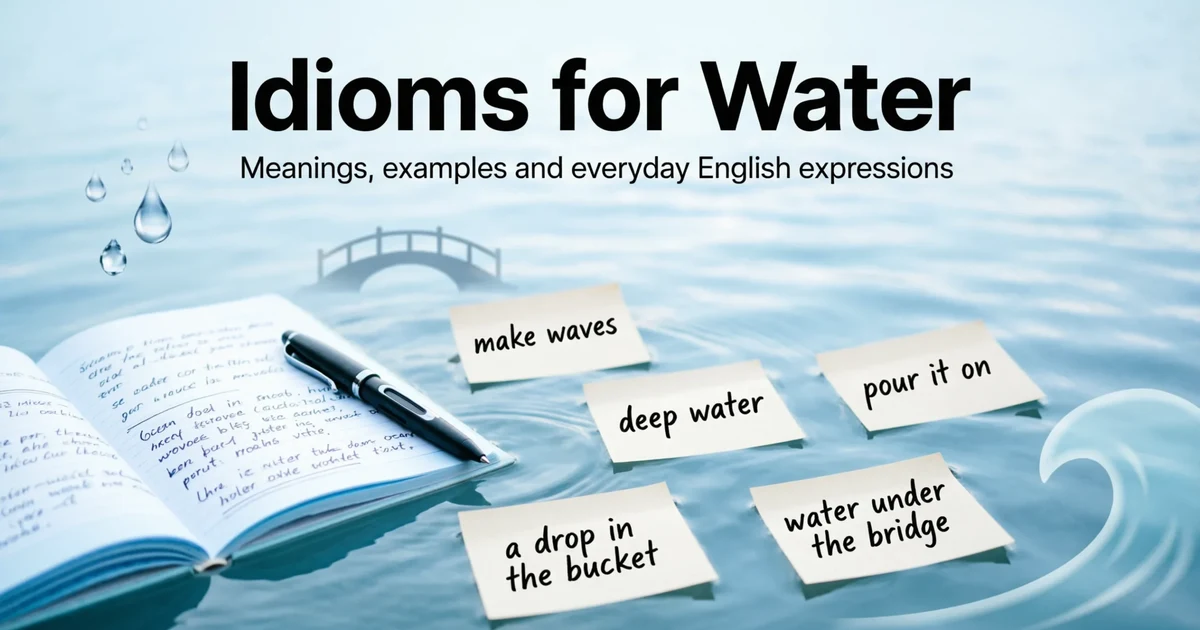 Idioms for water educational blog image with waves, notes, and English expression examples.