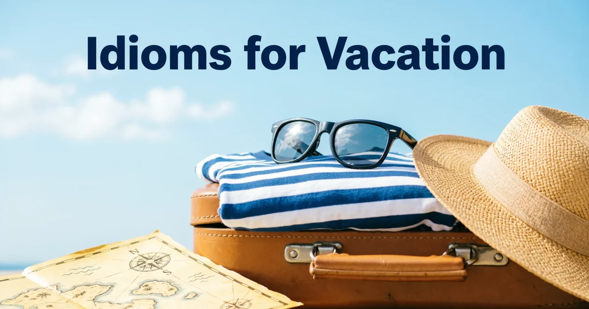 Idioms for vacation shown with travel items, beach colors, and a relaxed holiday theme.