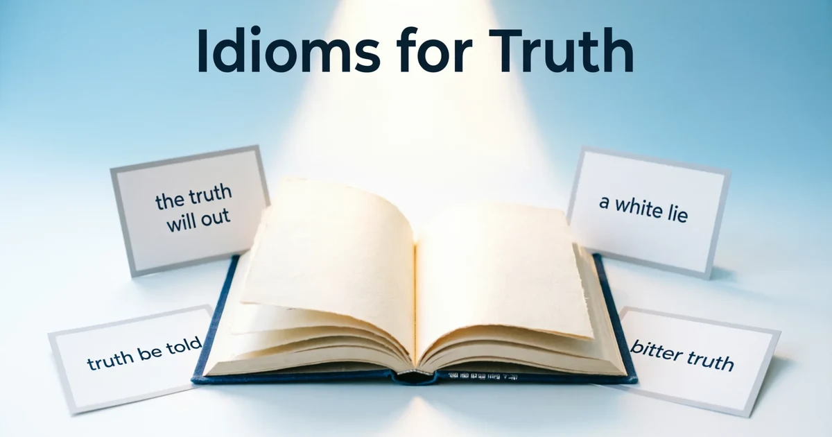 Idioms for truth shown with an open book, spotlight, and phrase cards for students and ESL learners.